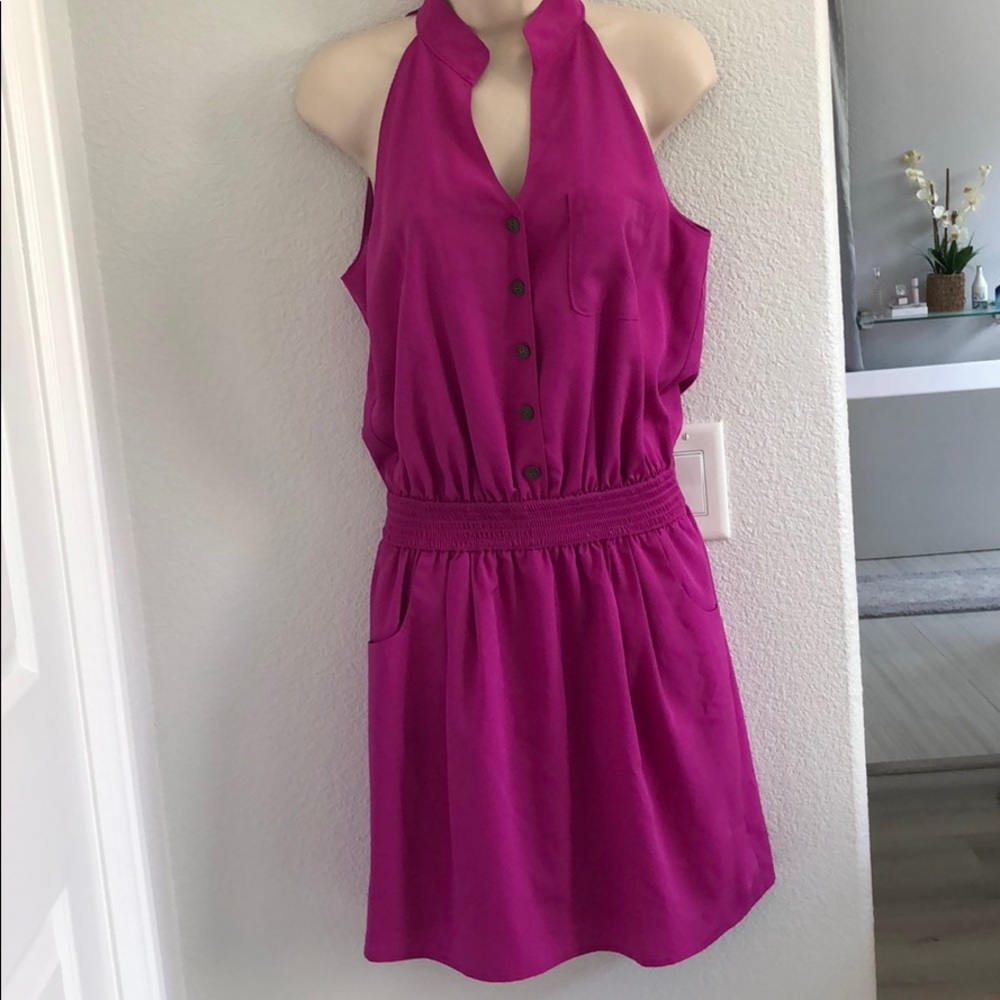 Shiny pink mini dress with buttons & pockets